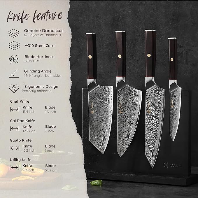 Wakoli Culinary Asia Damascus 4-Piece Knife Block Set with Magnetic Block ??Professional Kitchen Knives made of 67-Layer Damascus Steel Blades & VG10 Core ??Ergonomic Dark Oak Wood Handles in Gift Box