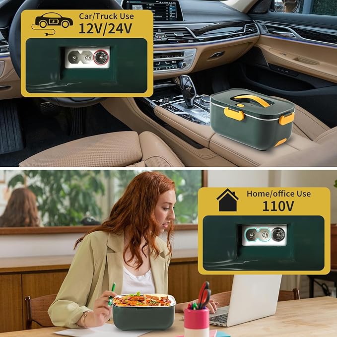Meng Ke'en Electric Lunch Box 80W/2L Detachable Stainless Steel Container 12V/24V/110V Electric Lunch Box Portable Food Warmer (Green Double Compartments)