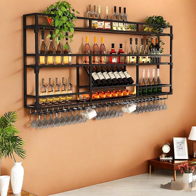 31Inch Metal Wall-Mounted Wine Rack with LED Light - 3 Tier Wine Storage Display Rack with Glass Holder - Space-Saving Bottle Display Shelf for Home Bars, Dining Rooms, Black