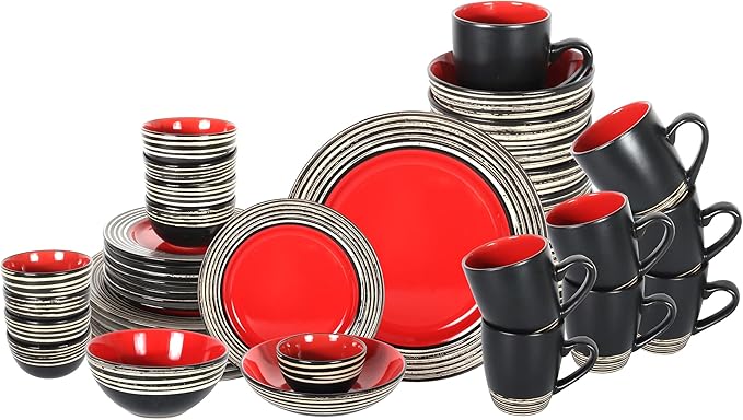 48 Piece Dinnerware Set, Ceramic Plates and Bowls Sets for 8, Microwave and Dishwasher Safe, Handcrafted Tree Bark Series Dish Set, Strawberry/Red