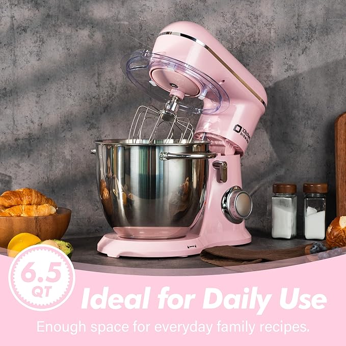 Kitchen in the box Stand Mixer, 6.5QT Electric Food Mixer, 10 Speeds 3-IN-1 Kitchen Mixer for Daily Use with Egg Whisk,Dough Hook,Flat Beater (Pink, 6.5QT)