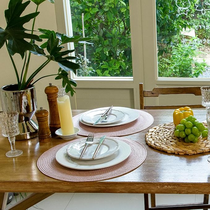 FunWheat Round Braided Placemats Set of 4 Table Mats for Dining Tables Woven Washable Non-Slip Place mats 15 inch(Peach Pink, 4pcs)