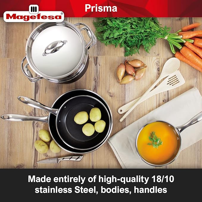 MAGEFESA Prisma 8-Piece Stainless Steel Cookware Set ??Durable Pots & Pans with Nonstick Interior, Matte Black Exterior, Oven Safe up to 392째F