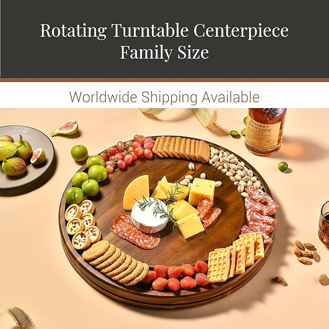 Shanik Acacia Wood Rotating Cheese Board ??Round Lazy Susan Charcuterie Platter for Appetizers, Crackers, Meat, and Cheese Serving Tray