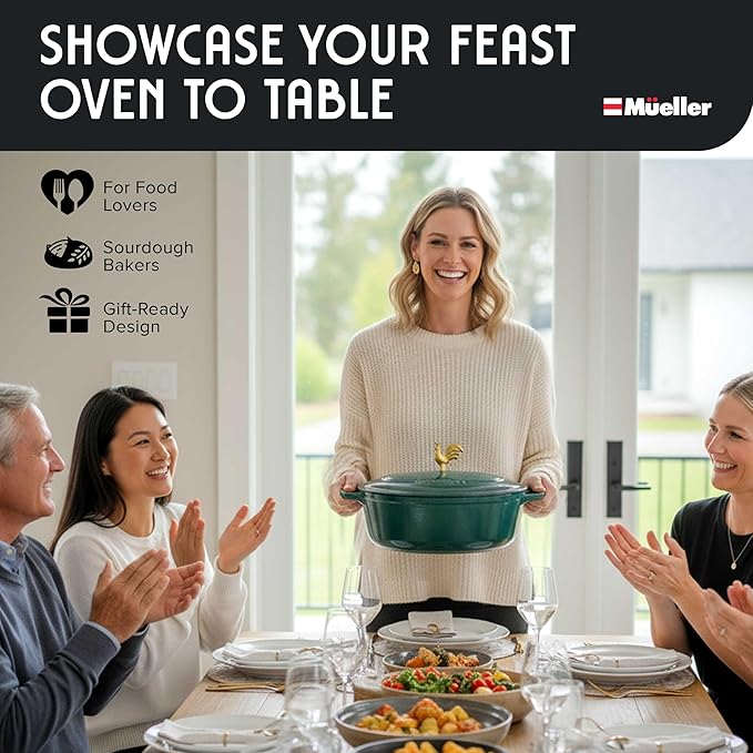 MUELLER HOME 5.5 Quart Enameled Cast Iron Oval Dutch Oven with Rooster Knob and Cotton Potholders, Heavy-Duty Cookware, Oven-Safe up to 500째 F & Across All Cooktops, Thanksgiving Essentials, Emerald