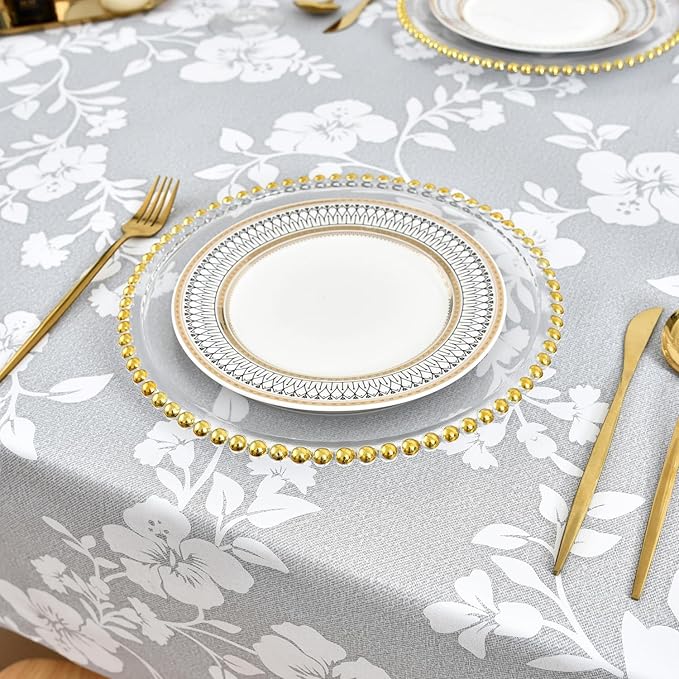 LOHASCASA Vinyl Plastic PVC Tablecloth Waterproof Oilcloth Wipeable PVC Padded Spillproof Autumn Camper Card Table Tablecloths Small Square 54x54 for Coffee Table Gray White Flowers
