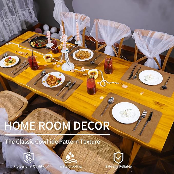 EDanle Cowhide Pattern Faux Leather Placemats Set of 6,Heat Resistant Non-Slip Waterproof Wipeable Washable Kitchen Dining PU Table Place Mats,Double-Sides Available,Light Coffee