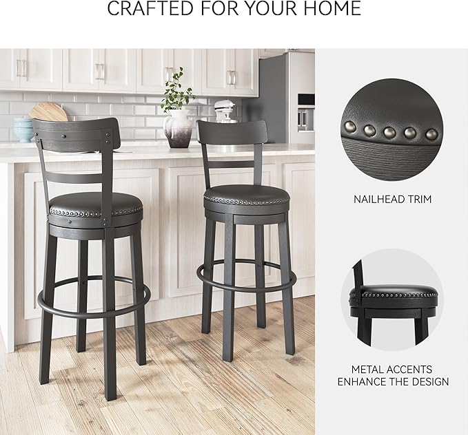 Signature Design by Ashley Valebeck Tall Upholstered Swivel Bar Stool with 360-Degree Swivel and Nailhead Trim, Faux Leather, 30" Seat Height, Black Finish