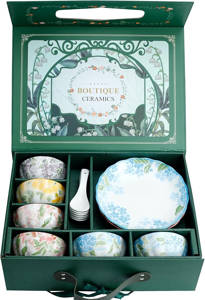 Green Floral Ceramic Dinnerware Set of 2, 14-Piece Plates and Bowls set, Microwave & Dishwasher Safe, Chip Resistant, Family Size Gift Set
