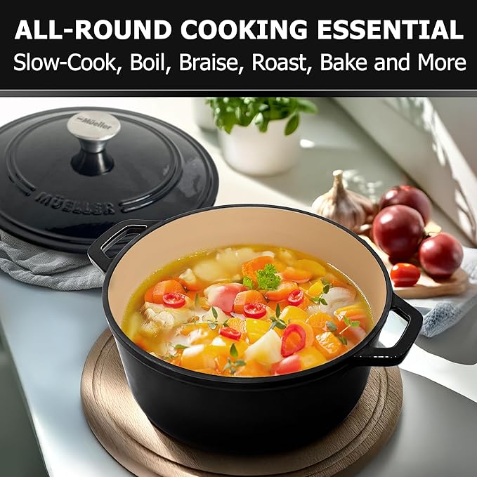 MUELLER HOME 6 Quart Enameled Cast Iron Pot Dutch Oven, Heavy-Duty Oven-Safe up to 500째 F, & Across All Cooktops, Casserole Dishes for Ovens, Bread Pan with Lid and Knob, Cast Iron Cookware, Black