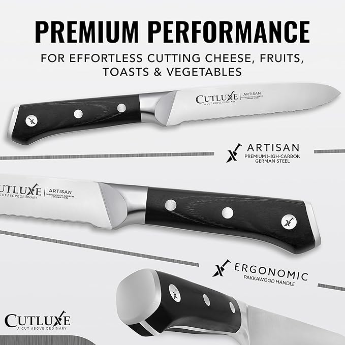 Cutluxe Kitchen Utility Knife ??5" Serrated Ultra Sharp Blade, Ergonomic Handle, Full Tang ??Forged High Carbon German Steel ??Artisan Series