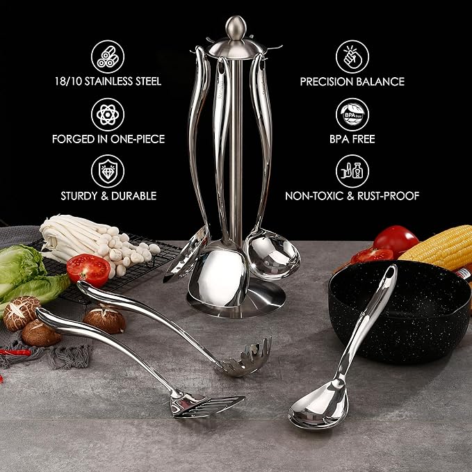 18/10 Stainless Steel Cooking Utensils Set with Holder, 7-Pieces All Metal Kitchen Utensils, 15?쇺?Long Kitchen Tools with Countertop Rotating Stand, Spatula, Ladle, Skimmer, Tunner, Pasta, Large Spoon