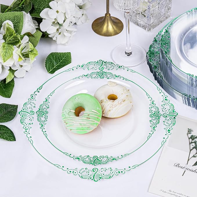 Hioasis 175pcs Clear and Green Plates - Green Party Plates for 25 Guest, Include 50 Heavy-duty Plates(20% Thicker Than Standard), 25 Pre Rolled Gold Plastic Silverware Set, 25 Cups