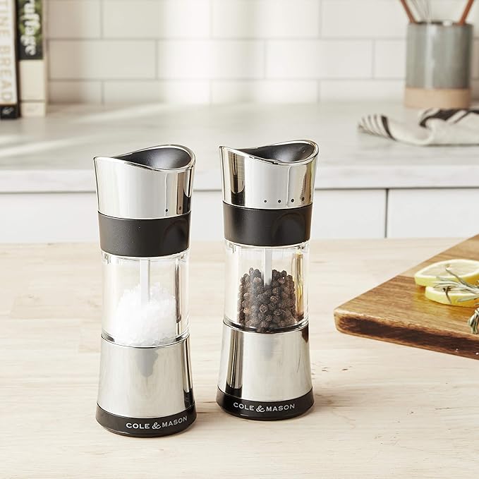 Cole & Mason 6-inch Horsham Salt & Pepper Mill Gift Set - Inverted Salt and Pepper Grinders - Refillable Seasoning and Spice Tools - Adjustable Salt and Peppercorn Grinder Settings - Chrome