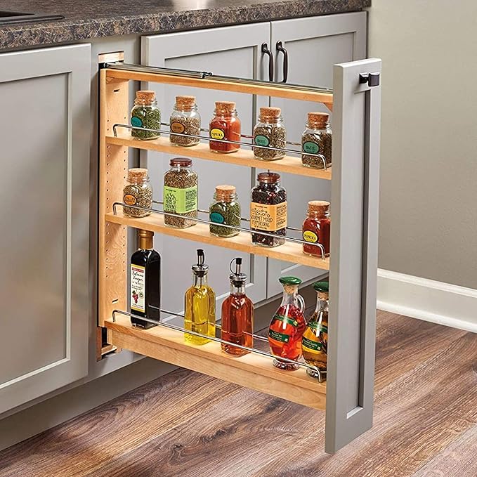 Rev-A-Shelf 3" Pull Out Shelf Organizer for Between Base Kitchen Cabinets, Adjustable Filler Spice Rack Seasoning Storage Holder, Wood, 438-BC-3C