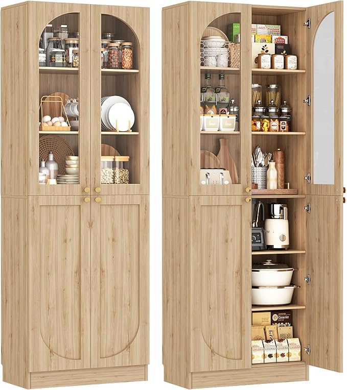 Cyclysio 80" Kitchen Pantry Cabinet, Tall Arch Storage Cabinet with Glass Doors, Freestanding Wood Floor Cupboard Bookcase with Seamless Fit Wall for Dining Room, Living Room, Bathroom (Natural)