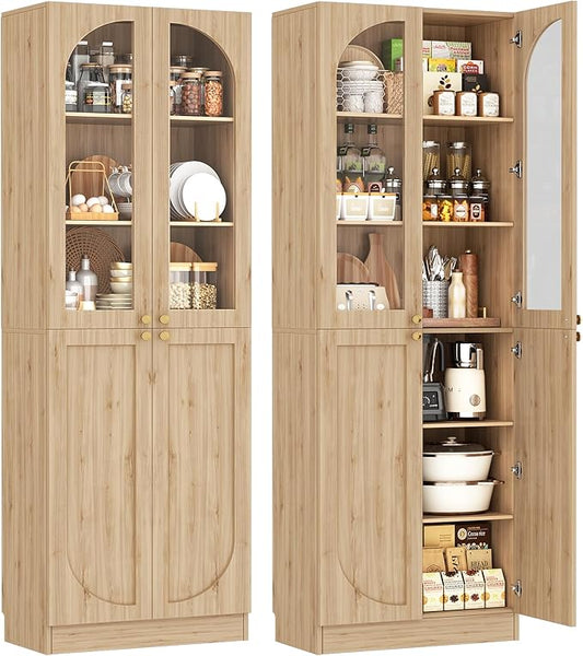 Cyclysio 80" Kitchen Pantry Cabinet, Tall Arch Storage Cabinet with Glass Doors, Freestanding Wood Floor Cupboard Bookcase with Seamless Fit Wall for Dining Room, Living Room, Bathroom (Natural)