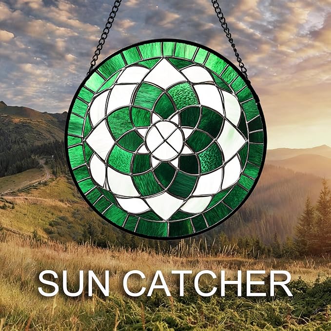 Stained Glass Window Hanging Abstract Green Flower Large 15" - Suncatcher Door Garden Sun Catcher Ireland Decor Birthday Mother's St. Ripack's Day Gift for Woman Mom Men Friend Nana Wife