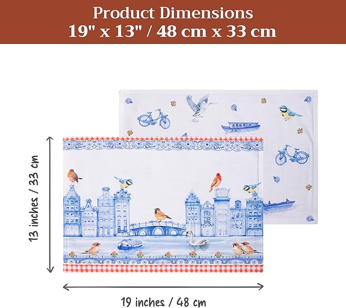 Maison d' Hermine Placemats Set of 2 100% Cotton Washable Cloth Place Mats, Reusable Table Mats for Kitchen Dining Decoration, Party, Wedding, Restaurant Spring/Summer (Amsterdam Canals, 13" x 19")