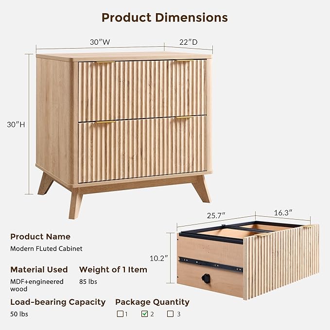 T4TREAM Set of 2 Modern Fluted Sideboard Buffet Cabinet with Drawers Storage, 60" Modular Accent Cabinet for Credenza, Entryway & Hallway, Natural Oak