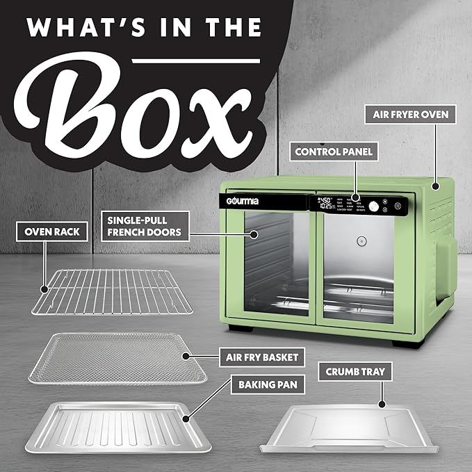 Gourmia French Door Air Fryer Oven - 37 Qt Large Capacity Convection Toaster Oven, FryForce 360°, Digital Display, 12 Cooking Presets, Dehydrate, Fits 13??Pizza, Dishwasher-Safe, Green