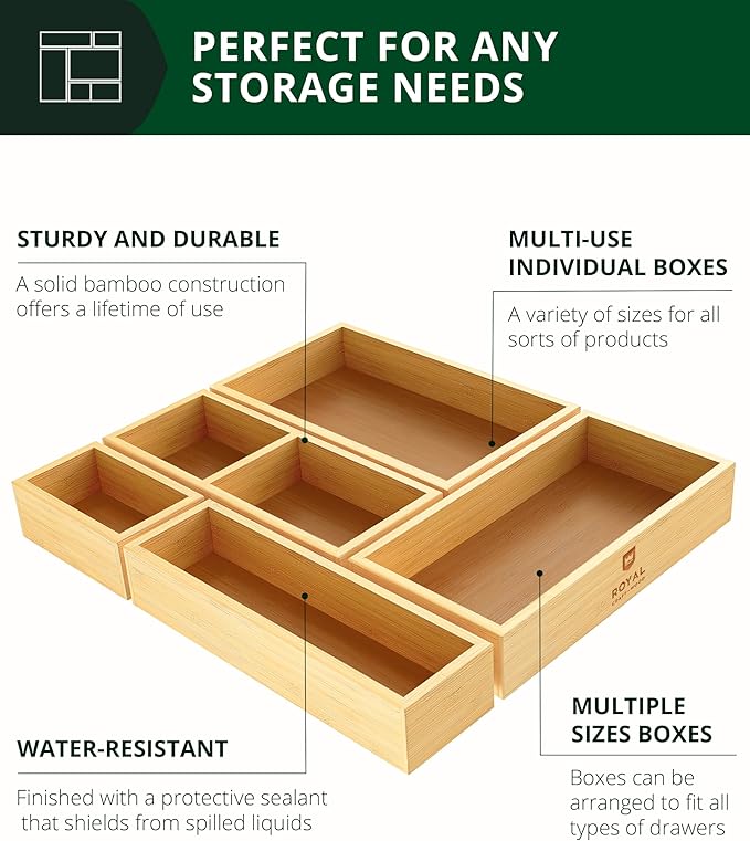 ROYAL CRAFT WOOD 5-Piece Bamboo Drawer Organizer Set ??Multi-Use Storage Trays for Kitchen, Bathroom, Office, Makeup, Jewelry & More ??Junk Drawer Tray, Utensil Holder, Storage Box & Bin Set (5 Boxes)