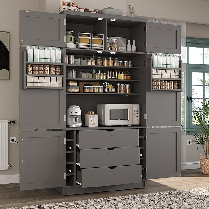 Ball & Cast 80?쿟all Freestanding Kitchen Pantry Cabinet with 2 Power Outlets & 3 Large Drawers,41" W Versatile Farmhouse Pantry Storage Cabinet w/Adjustable Shelves and Door Shelves,for Kitchen,Gray
