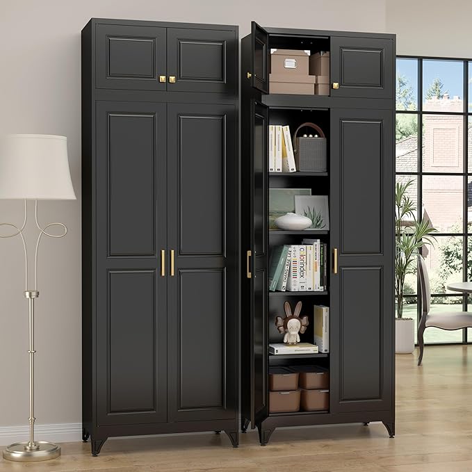 90?쒴itchen Pantry Cabinet,Metal Storage Cabinets with Doors and 4 Adjustable Shelves,Black Kitchen Cabinet with 2 Gold Handles,Tall Cabinet for Livingroom, Bathroom