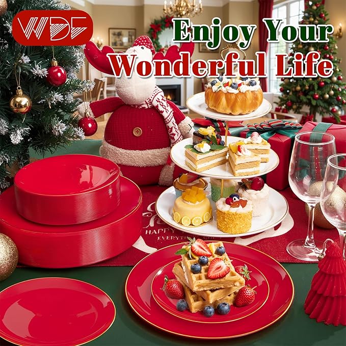 WDF 300Pcs Red Disposable Plates - Red Plastic Plates - 50guest Disposable Dinnerware Include 50 Dinner Plate, 50 Dessert Plate, 150 Cutlery & 50 9oz Cups for Valentine's Day & Parties