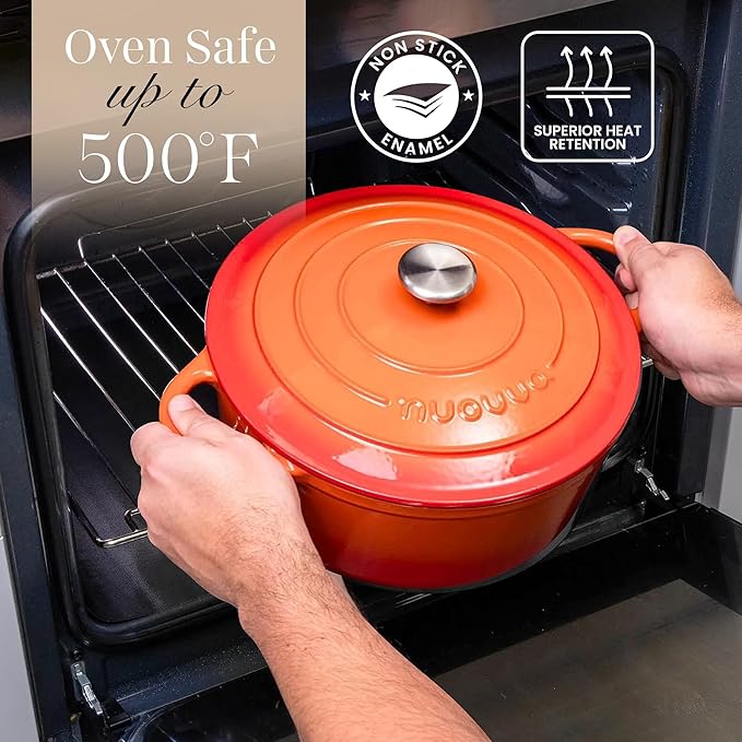 Nuovva Enamelled Cast Iron Dutch Oven Pot with Lid ??6.4 Quart Non Stick Casserole Pot ??Heavy Duty & Oven Safe up to 500째 F for Bread Baking, Braising, Stews, Roasting ??28cm Orange