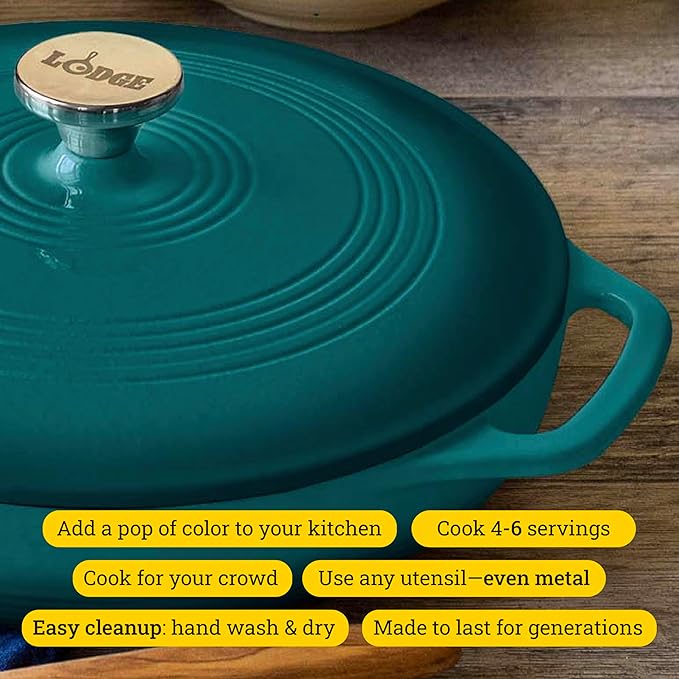 Lodge 3.6 Quart Enameled Cast Iron Covered Casserole with Lid ??Dual Handles ??Oven Safe up to 500째 F or on Stovetop - Use to Marinate, Cook, Bake, Refrigerate and Serve ??Lagoon