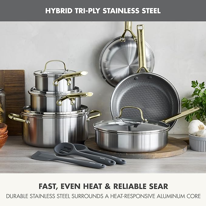 GreenPan Hybrid 13 Piece Nonstick Stainless Steel Cookware Set, APEX Tri-Ply Thermobond PFAS-Free Ceramic Pots & Pans, Induction & All Cooktop Compatible, Oven Temp to 850째F, Dishwasher Safe, Gold