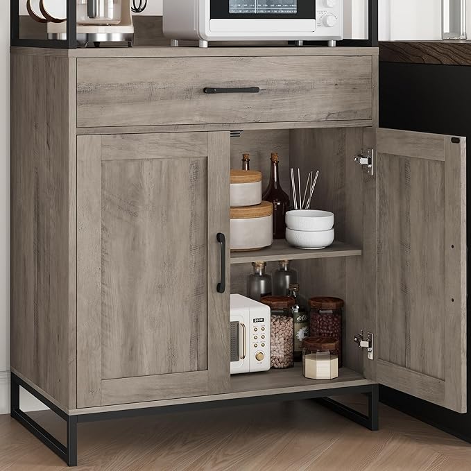 Hutch Cabinet with Storage, 71" H Kitchen Pantry Storage Cabinet with Microwave Stand, Hooks, Drawers for Home Bar, Kitchen, Dining Room, Industrial