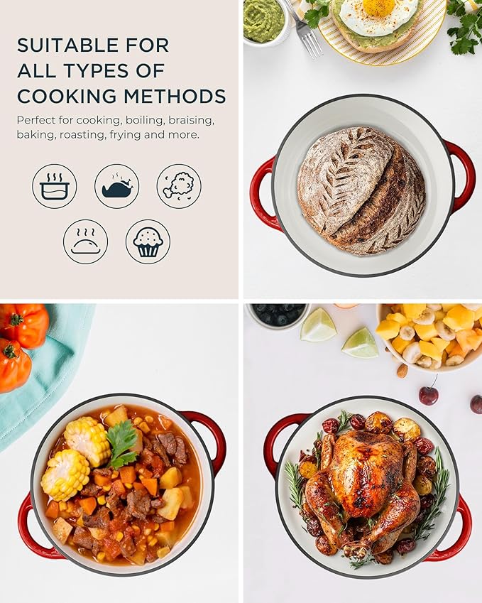 Enameled Cast Iron Dutch Oven - 6QT Pot with Lid & Cotton Potholders - Heavy-Duty Cookware for Braising, Stews, Roasting, Bread Baking, Oven Safe up to 500째F & Suitable for All Cooktops, Cherry Red