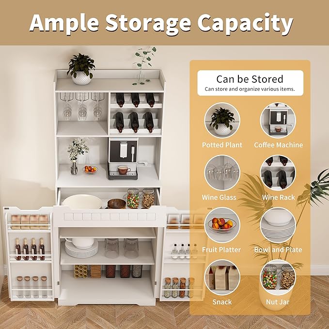 70" Tall Kitchen Pantry Cabinet with Charging Station & Drawer,Farmhouse Modern Wood Small Storage Cabinets w/Wide Tabletop,Wine Rack & 6 Door Shelves,for Small Kitchen,Living & Dining Room,White