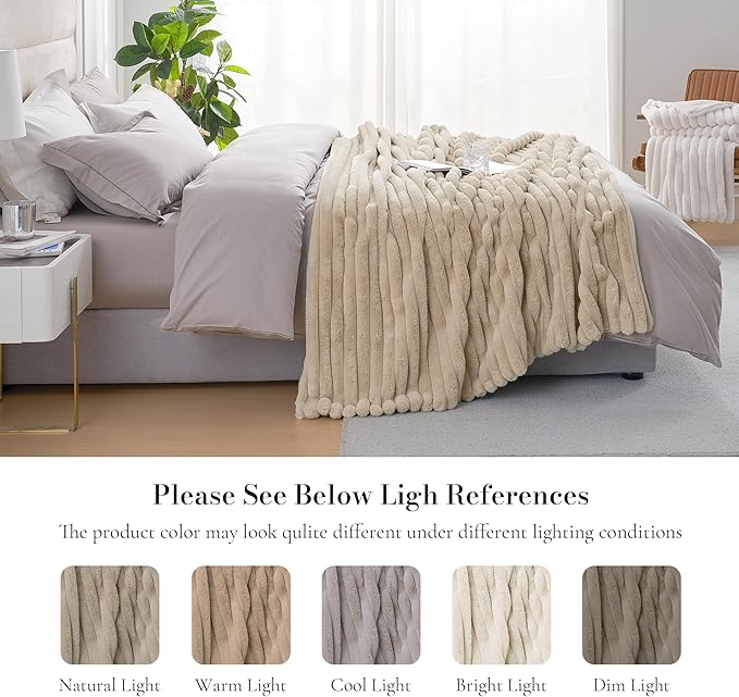 Am챕lie Home Faux Fur Throw Blanket for Couch, Cozy Fuzzy Fluffy Fur Luxurious Soft Striped Plush Gift Blankets for Family Sofa Chair, 60"x80", Beige