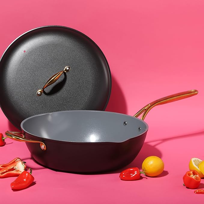 Frok 13" Frying Pan Wok Skillet 4MM Thick Quick Heat Aluminum Cookware w/Aluminum Lid Premium PFA Free Ceramic Nonstick Interior & Heat Resistant Exterior - Induction - Black & Gold