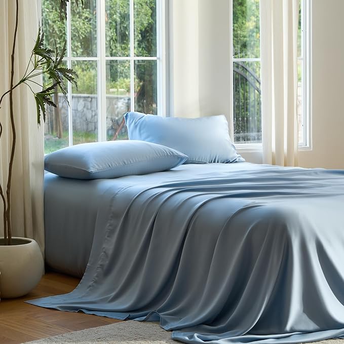 DOZ Sheet Set, 100% Viscose derived from Bamboo, Organically Grown, Buttery Soft, Cooling Sheets, High GSM, Deep Pockets - 3 Piece - 2 Pillowcases 1 Fitted Sheet (Sky, Cal King)