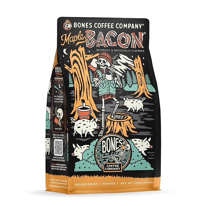 Bones Coffee Company Maple Bacon, Bacon and Maple Syrup Flavored Coffee, Medium Roast Low Acid Arabica Beans Compatible with Auto drip and French Press Coffee Maker, 12 Oz Ground