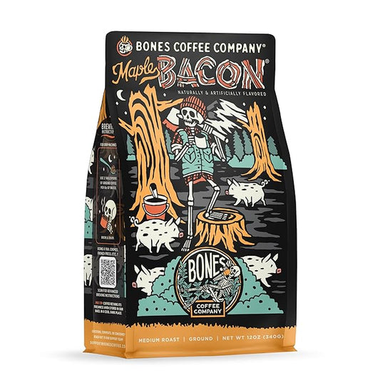 Bones Coffee Company Maple Bacon, Bacon and Maple Syrup Flavored Coffee, Medium Roast Low Acid Arabica Beans Compatible with Auto drip and French Press Coffee Maker, 12 Oz Ground