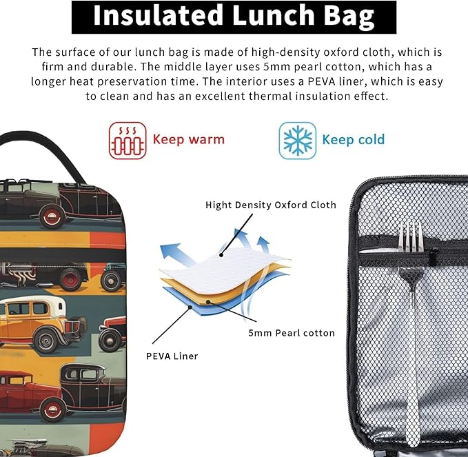 VANZEV Insulated Lunch Box for Women Men, Cars Theme Lunch Box Reusable Portable Lunch Bag Cooler Tote Waterproof Lunch Container for Office Picnic Work Travel