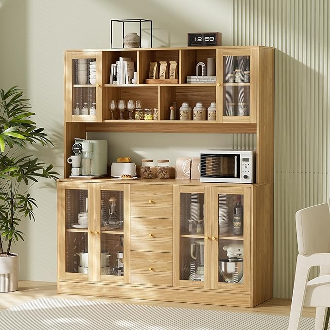 VOWNER Large Kitchen Hutch Cabinet, Kitchen Pantry Storage Cabinet with 6 Glass Doors, 3 Drawers & Microwave Shelf, Freestanding Cupboard for Open Storage, (Wood)