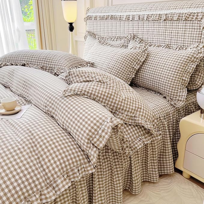 LifeTB Tan Gingham Comforter Set Full Vintage Ruffle Taupe Plaid Comforter Set 3 Pieces Soft Fluffy Grid Checkered Pattern Comforter with 2 Pillowcases Farmhouse Gingham Bedding Comforter Full