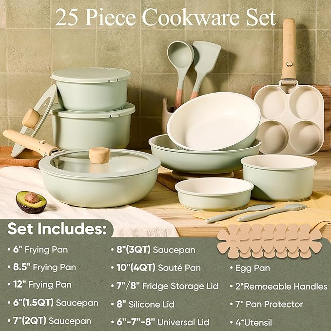 CAROTE 25pcs Pots and Pans Set Non Stick, Cookware Sets, Kitchen Set, Oven/Dishwasher/Fridge Safe, Space Saving Pots Set, Nonstick Set with Versatile Detachable Handle, Induction RV Set, Green
