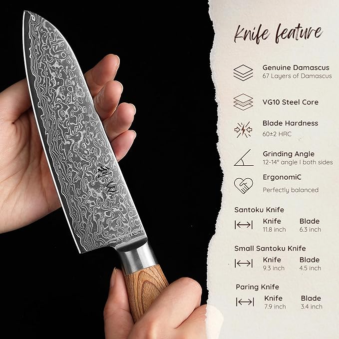 Wakoli EDIB Pro 3-Piece Damascus Kitchen Knife Set in Gift Box ??Sharp Knives Set made of Genuine Damascus Steel (VG10 Core) ??Santoku, Small Santoku & Paring Knife ??Ergonomic Pakkawood Handles