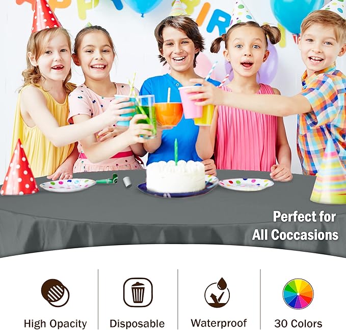 Party Solids Pack Of 6 Premium Plastic Tablecloth 84 Inch Round Plastic Table Cover - Silver