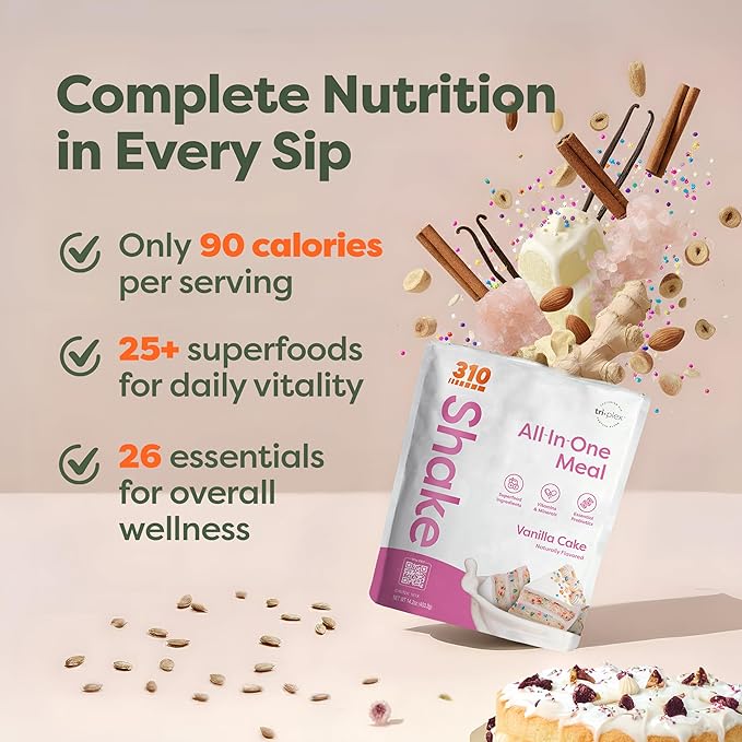 310 Nutrition All-In-One Meal Replacement Shake Powder - Plant-Based Protein Smoothie Blend w/High Fiber, Probiotics & Adaptogens - Low Carb, Vegan, Keto & Paleo Friendly - Vanilla Cake - 28 Srv