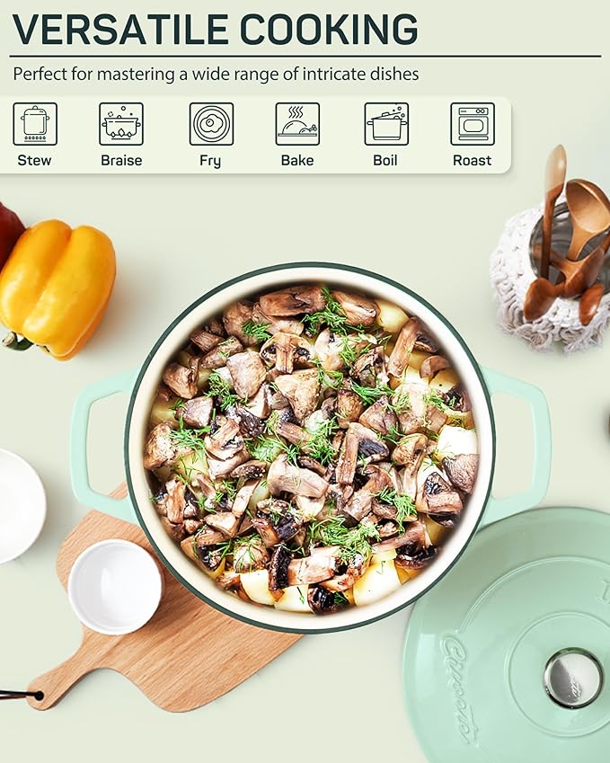 Enameled Cast Iron Dutch Oven ??4.4 Quart Pot with Lid & Potholders ??Heavy-Duty Cookware for Bread Baking, Braising, Stews & Roasting ??Oven & Stovetop Safe up to 500째F ??Mint Green