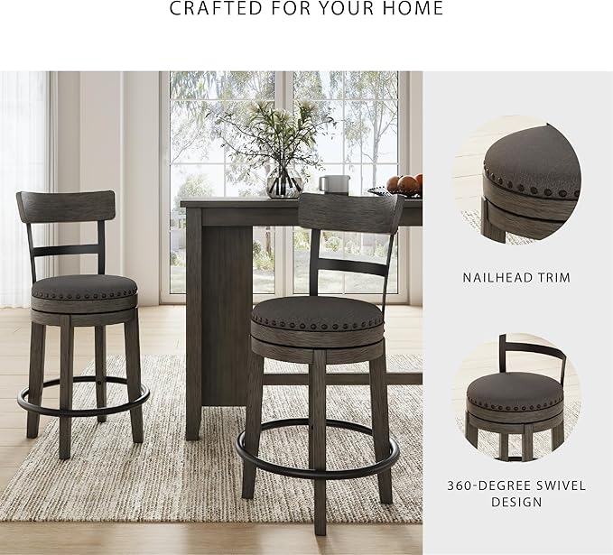 Signature Design by Ashley Caitbrook | Farmhouse Swivel 24" Counter Height Barstool ??360째 Swivel, Upholstered with Nailhead Trim, Metal & Wood Frame, Gray