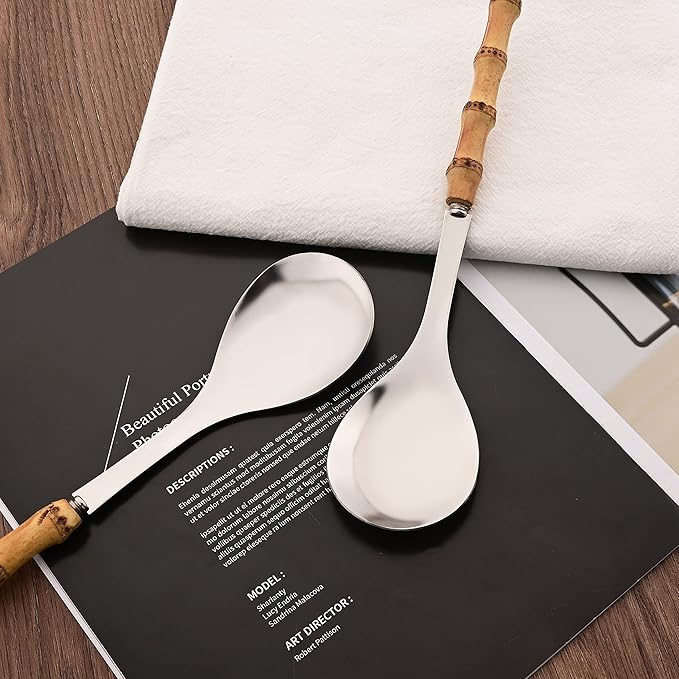 Serving Spoons Set of 2, 10.0" Stainless Steel Serving Spoons with Natural Bamboo Handle, Silver Large Serving Utensils of Spoons, Big Ladle for Buffet, Party, Banquet, Kitchen, Tablespoons Flatware